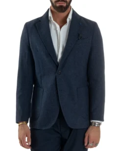 Giacca Uomo Lana Monopetto Puntinata Tinta Unita Blu BZ1002A
