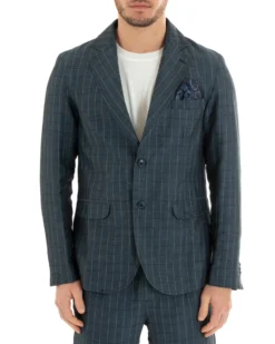 Giacca Uomo Lino Monopetto Quadri Blu Cerimonia Elegante Casual GIOSAL-G2851A