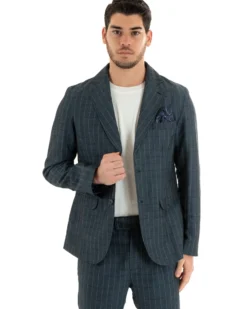 Giacca Uomo Lino Monopetto Quadri Blu Cerimonia Elegante Casual GIOSAL-G2851A