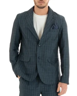 Giacca Uomo Lino Monopetto Quadri Blu Cerimonia Elegante Casual GIOSAL-G2851A