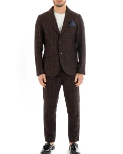 Giacca Uomo Lino Monopetto Quadri Marrone Cerimonia Elegante Casual GIOSAL-G2850A