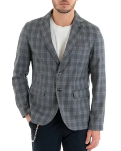 Giacca Uomo Lino Monopetto Quadri Grigio Cerimonia Elegante Casual GIOSAL-G3047A