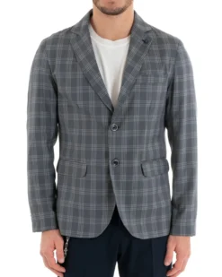 Giacca Uomo Lino Monopetto Quadri Grigio Cerimonia Elegante Casual GIOSAL-G3047A