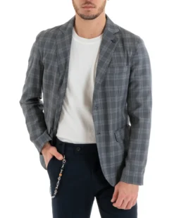 Giacca Uomo Lino Monopetto Quadri Grigio Cerimonia Elegante Casual GIOSAL-G3047A