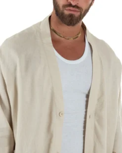 Giacca uomo lino scollo a v relaxed fit tasconi beige GIOSAL-G3402A