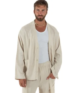 Giacca uomo lino scollo a v relaxed fit tasconi beige GIOSAL-G3402A