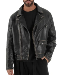 Giubbotto Crop Oversize Chiodo Ecopelle Vintage Nero G3345A