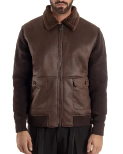 Giubbotto Ecopelle Maniche Maglia College Collo Pelliccia Marrone G3347A