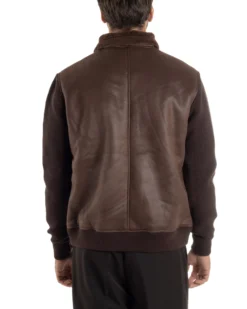Giubbotto Ecopelle Maniche Maglia College Collo Pelliccia Marrone G3347A
