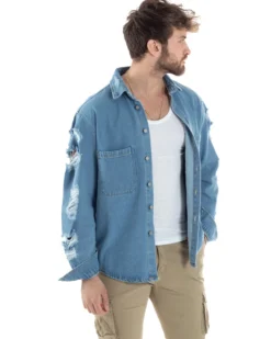 Giubbotto Jeans Uomo Camicione Con Colletto Giacca Con Rotture Denim GIOSAL-G3173A