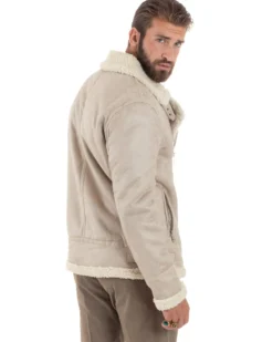 Giubbotto Montone Uomo Camoscio Imbottito Chiodo Caldo Giacca Aviatore Con Zip Con Collo In Pelliccia Casual Beige GIOSAL-G3221A