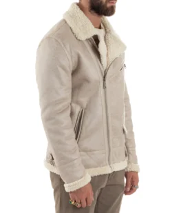 Giubbotto Montone Uomo Camoscio Imbottito Chiodo Caldo Giacca Aviatore Con Zip Con Collo In Pelliccia Casual Beige GIOSAL-G3221A