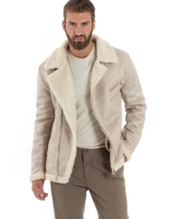 Giubbotto Montone Uomo Camoscio Imbottito Chiodo Caldo Giacca Aviatore Con Zip Con Collo In Pelliccia Casual Beige GIOSAL-G3221A
