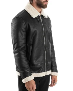 Giubbotto Montone Uomo Camoscio Con Zip Aviatore Con Pelliccia Giacca College Con Collo Imbottito Caldo Casual Nero GIOSAL-G3228A