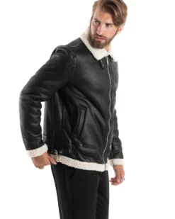 Giubbotto Montone Uomo Camoscio Con Zip Aviatore Con Pelliccia Giacca College Con Collo Imbottito Caldo Casual Nero GIOSAL-G3228A