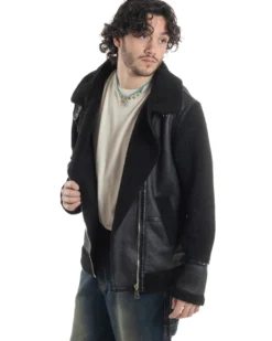 Giubbotto Montone Uomo Camoscio Chiodo Caldo Pelliccia Teddy Giacca Aviatore Zip Nero GIOSAL-G3284A