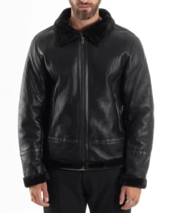 Giubbotto Montone Uomo Ecopelle College Con Zip Giacca Con Collo Imbottito Caldo Aviatore Con Pelliccia Casual Nero GIOSAL-G3225A