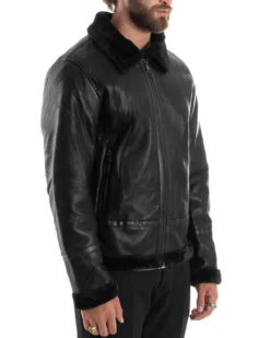 Giubbotto Montone Uomo Ecopelle College Con Zip Giacca Con Collo Imbottito Caldo Aviatore Con Pelliccia Casual Nero GIOSAL-G3225A
