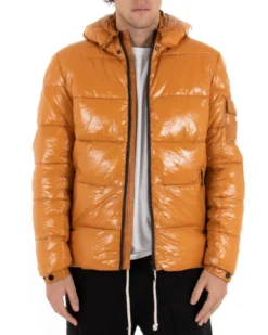 Giubbotto Uomo Bomber Lucido Vernice Cappuccio Tinta Unita Senape GIOSAL-G2655A