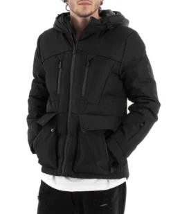 Giubbotto Uomo Bomber Nero Tasche Cappuccio Casual Imbottito GIOSAL-G3004A