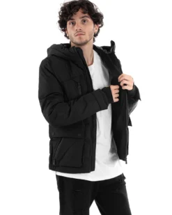 Giubbotto Uomo Bomber Nero Tasche Cappuccio Casual Imbottito GIOSAL-G3004A