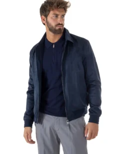 Giubbotto uomo camoscio giacca colletto zip blu GIOSAL-G3392A