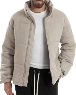 Giubbotto Uomo Camoscio Trapuntato Imbottito Bomber Morbido Con Collo e Zip Giacca Calda Regular Fit Casual Beige GIOSAL-G3257A