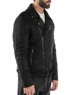 Giubbotto Uomo Chiodo Camoscio Zip Biker Imbottito Nero G3366A
