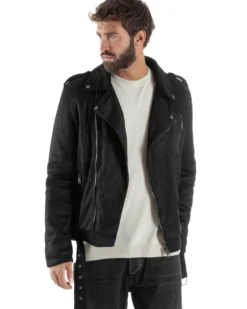 Giubbotto Uomo Chiodo Camoscio Zip Biker Imbottito Nero G3366A