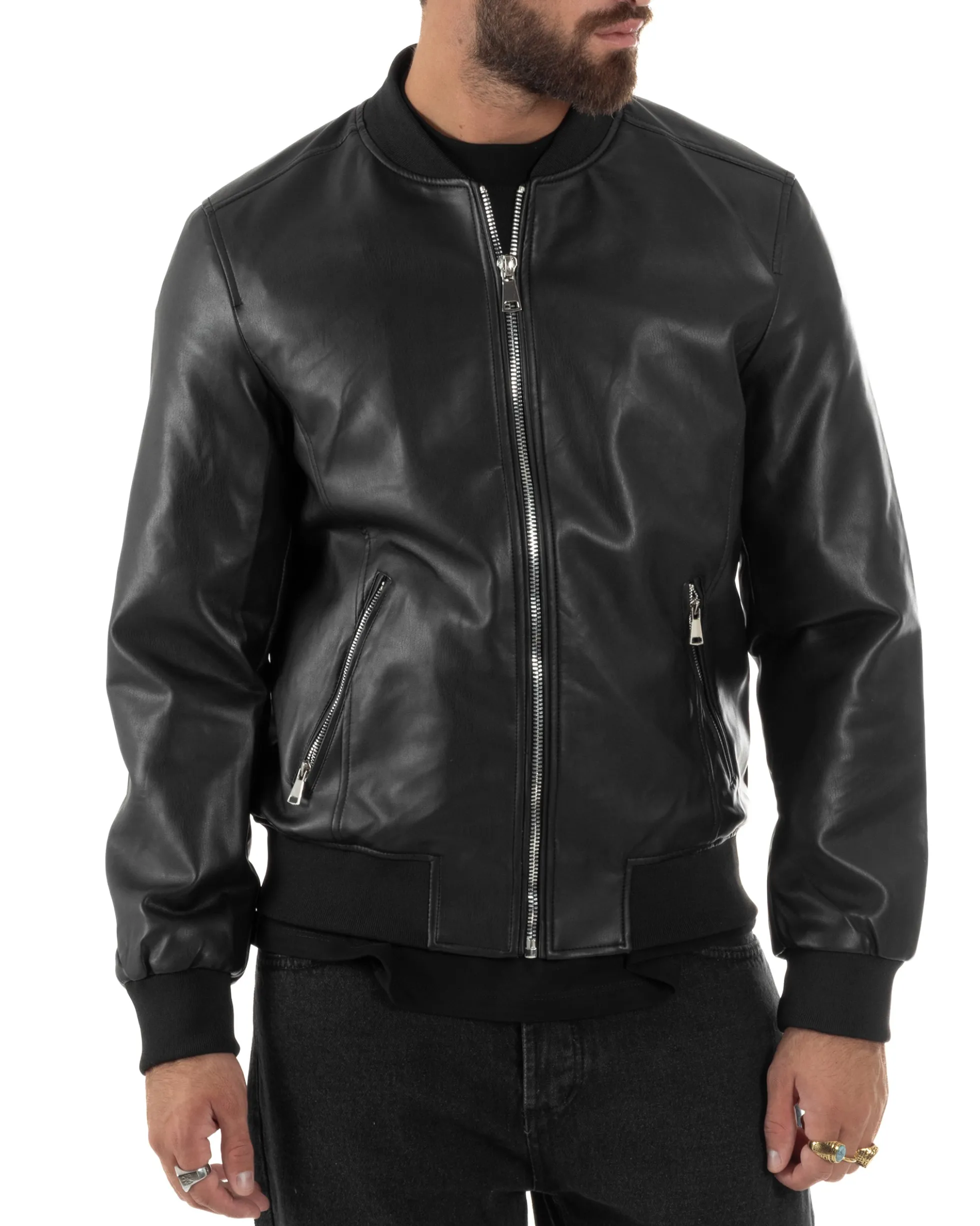 Giubbotto Uomo College Ecopelle Vintage Biker Basic Imbottito Nero G3337A