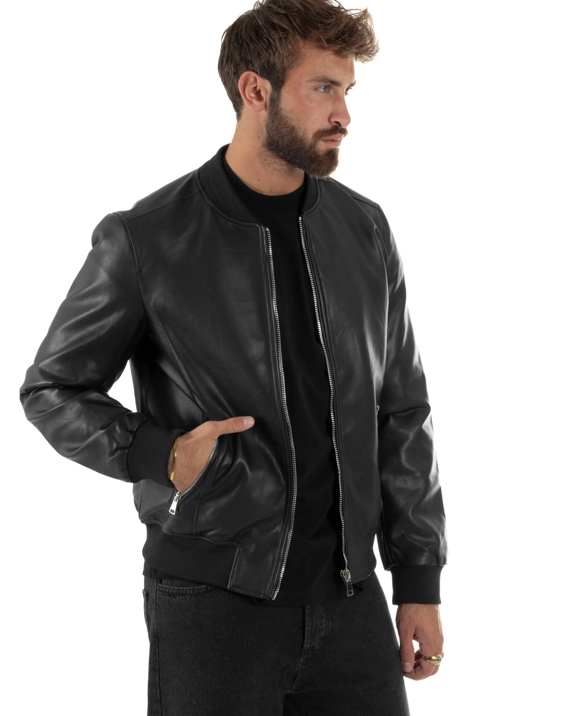 Giubbotto Uomo College Ecopelle Vintage Biker Basic Imbottito Nero G3337A
