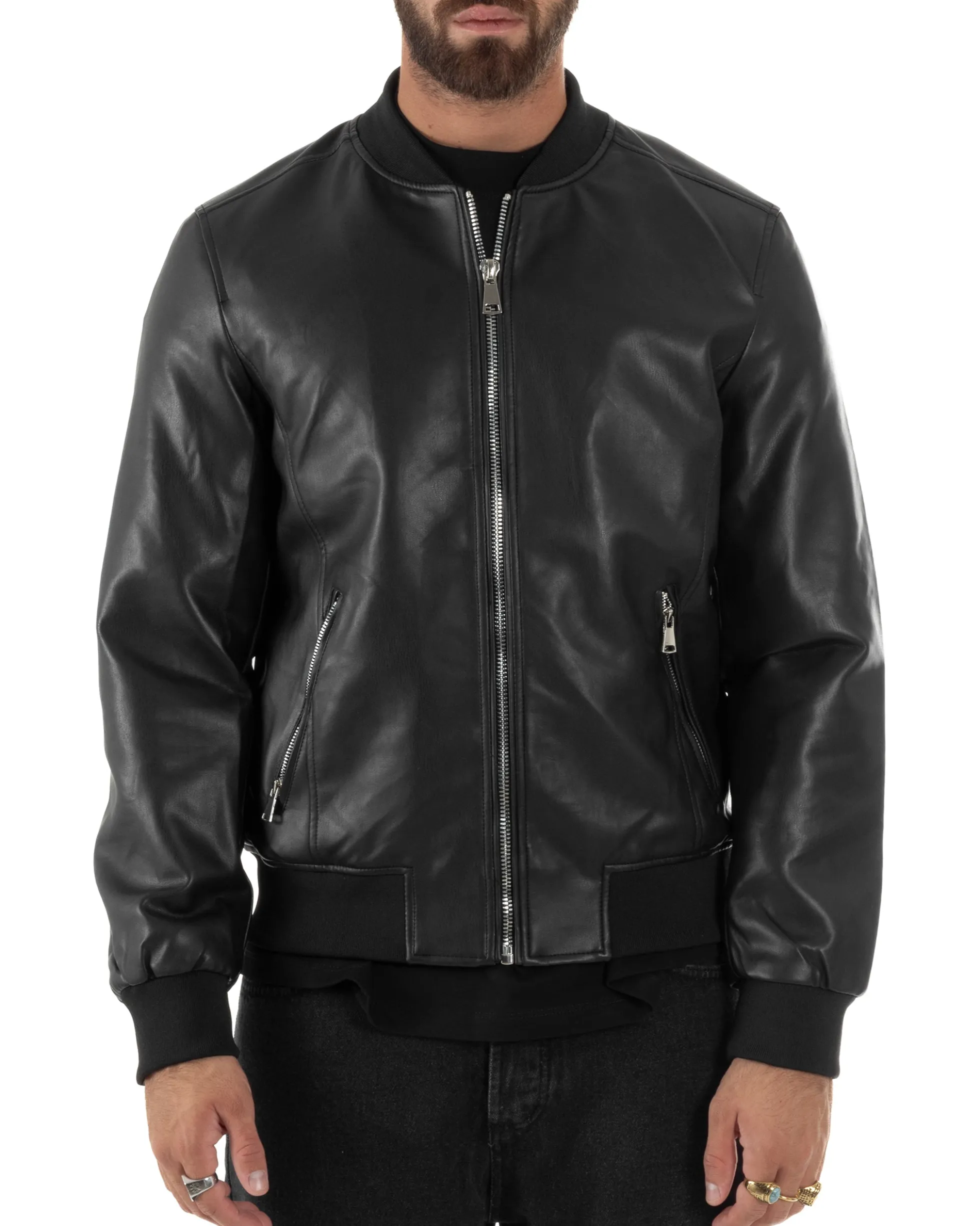 Giubbotto Uomo College Ecopelle Vintage Biker Basic Imbottito Nero G3337A