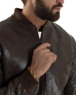 Giubbotto Uomo College Ecopelle Vintage Biker Basic Imbottito Marrone G3364A