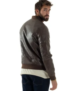 Giubbotto Uomo College Ecopelle Vintage Biker Basic Imbottito Marrone G3364A