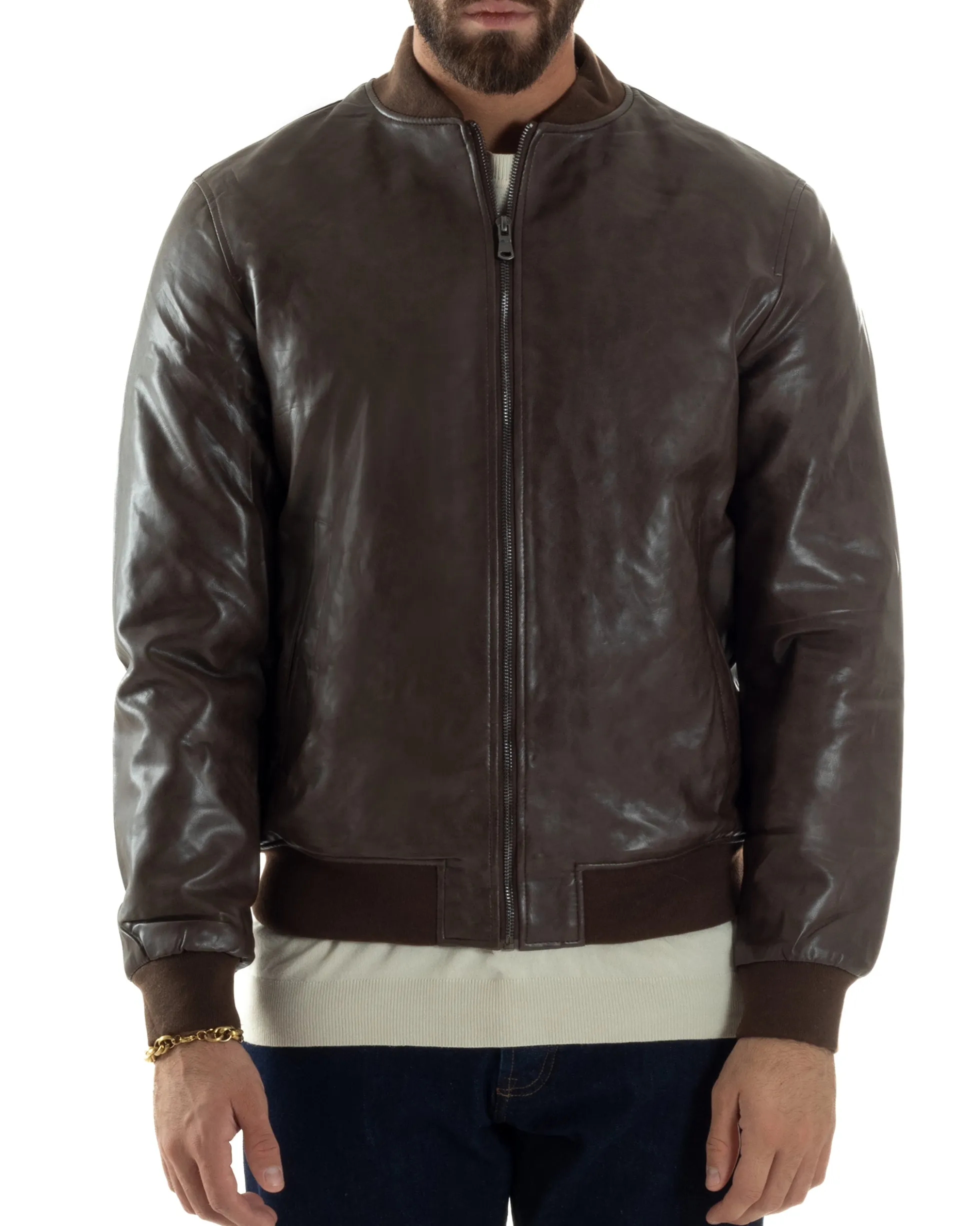 Giubbotto Uomo College Ecopelle Vintage Biker Basic Imbottito Marrone G3364A