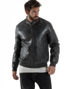 Giubbotto Uomo College Ecopelle Vintage Biker Basic Imbottito Grigio G3365A