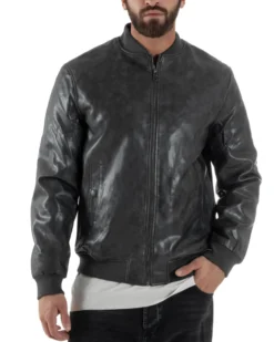 Giubbotto Uomo College Ecopelle Vintage Biker Basic Imbottito Grigio G3365A