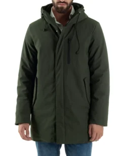 Giubbotto Uomo Con Cappuccio Trench Tessuto Tecnico Giaccone Con Zip Imbottito Lungo Verde G3368A