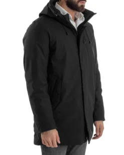 Giubbotto Uomo Con Cappuccio Trench Tessuto Tecnico Giaccone Con Zip Imbottito Lungo Nero G3369A