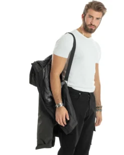 Giubbotto Uomo Con Cappuccio Tessuto Tecnico Giacca Imbottita Calda Tinta Unita Casual Nero Melangiato GIOSAL-G3277A