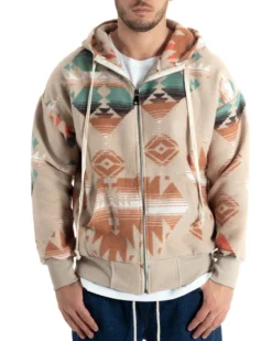 Giubbotto Uomo Con Cappuccio Felpa Con Zip Casual Fantasia Etnica Beige GIOSAL-G3139A