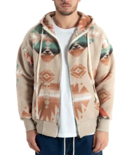 Giubbotto Uomo Con Cappuccio Felpa Con Zip Casual Fantasia Etnica Beige GIOSAL-G3139A