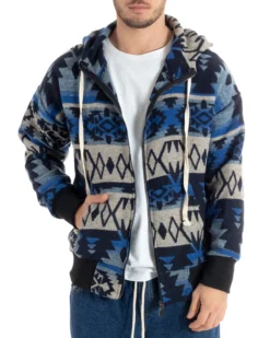 Giubbotto Uomo Con Cappuccio Felpa Con Zip Casual Fantasia Etnica Blu GIOSAL-G3140A