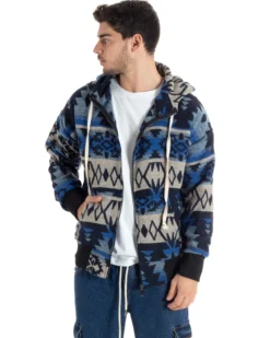 Giubbotto Uomo Con Cappuccio Felpa Con Zip Casual Fantasia Etnica Blu GIOSAL-G3140A