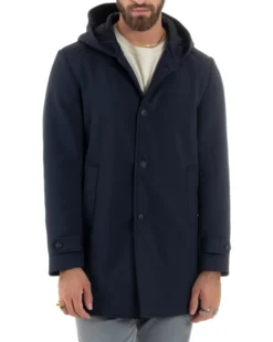 Giubbotto Uomo Con Cappuccio Trench Tessuto Tecnico Impermeabile Lungo Antivento Blu G3235A