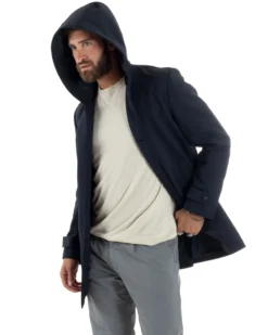Giubbotto Uomo Con Cappuccio Trench Tessuto Tecnico Impermeabile Lungo Antivento Blu G3235A