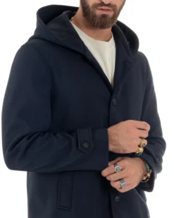 Giubbotto Uomo Con Cappuccio Trench Tessuto Tecnico Impermeabile Lungo Antivento Blu G3235A