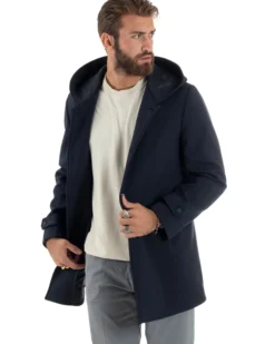Giubbotto Uomo Con Cappuccio Trench Tessuto Tecnico Impermeabile Lungo Antivento Blu G3235A