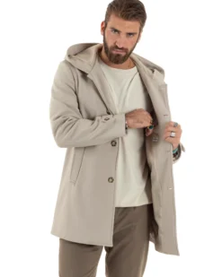 Giubbotto Uomo Con Cappuccio Trench Tessuto Tecnico Impermeabile Lungo Antivento Beige G3236A