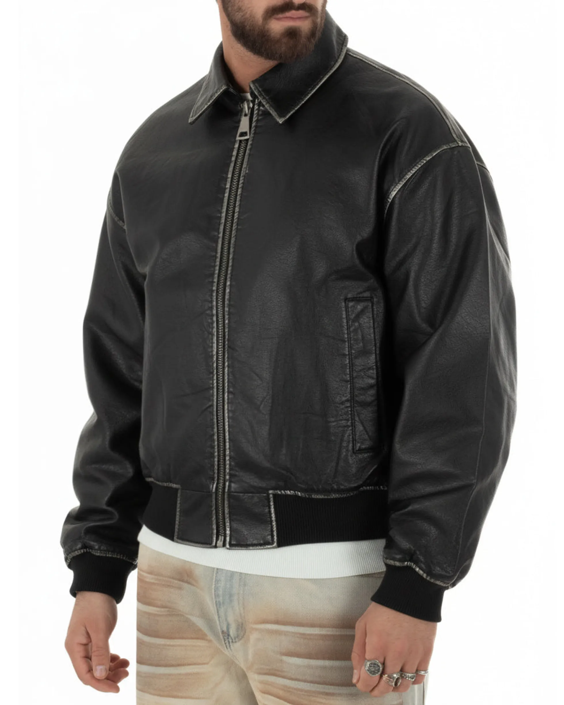 Giubbotto uomo crop giacca bomber boxy zip colletto ecopelle nero GIOSAL-G3386A